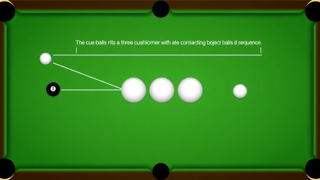 수구가 쿠션을 세 번 맞고 두 목적구를 연속으로 접촉하는 경로를 표시한 설명 이미지